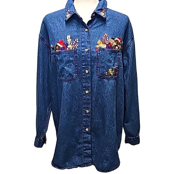 Solutions Original Denim Christmas Shirt Button Closure 2 Pocket Woman Size L - Picture 1 of 11